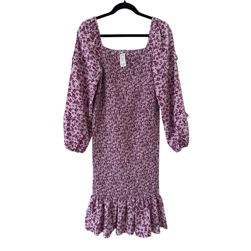 Fashion Purple Floral Smocked Mini Dress Womens XL Long Sleeve Ruffle Hem Boho